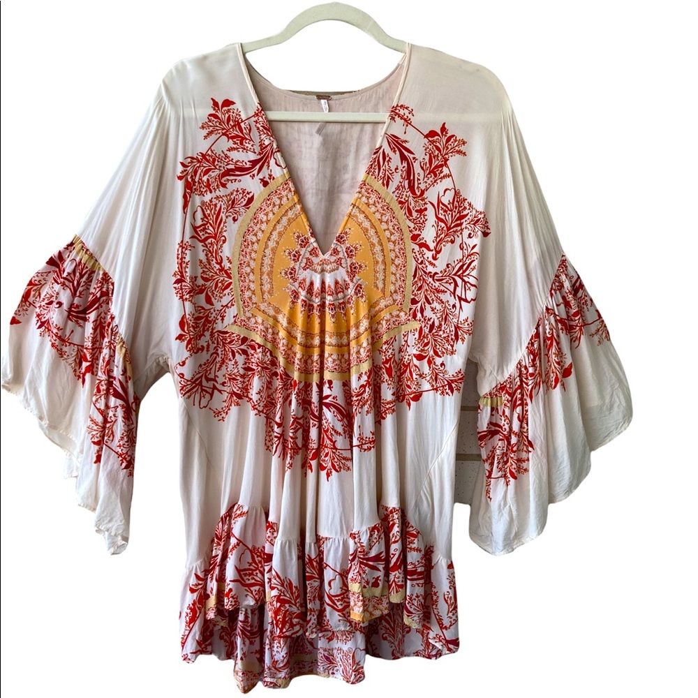 Free People Boho Cream and Red Flowy Top with Bell Sleeves  Small